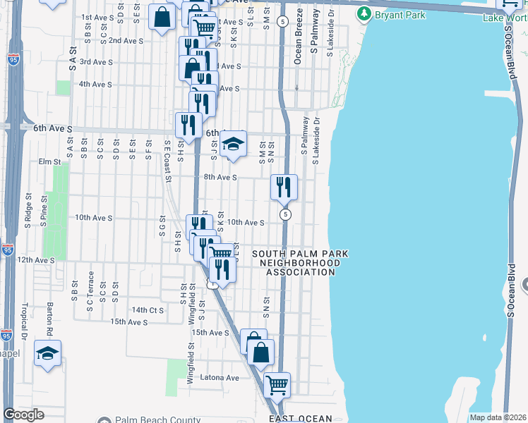 map of restaurants, bars, coffee shops, grocery stores, and more near 921 South N Street in Lake Worth