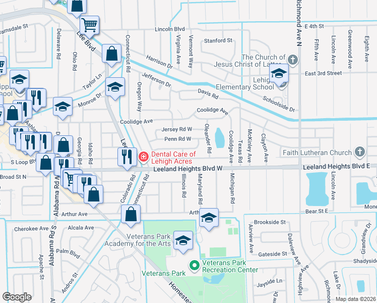 map of restaurants, bars, coffee shops, grocery stores, and more near 310 Bougainvillea Road West in Lehigh Acres