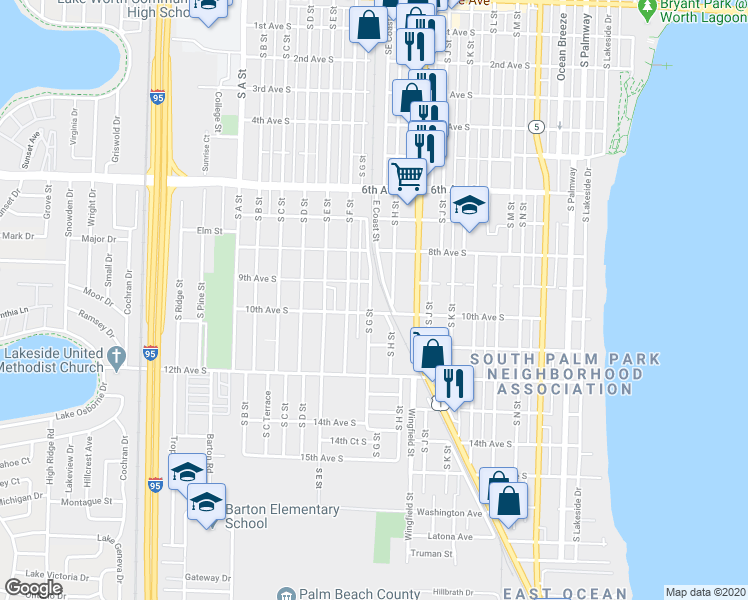 map of restaurants, bars, coffee shops, grocery stores, and more near 1000 10th Avenue South in Lake Worth