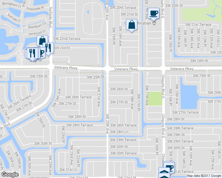 map of restaurants, bars, coffee shops, grocery stores, and more near 1919 Southwest 26th Street in Cape Coral