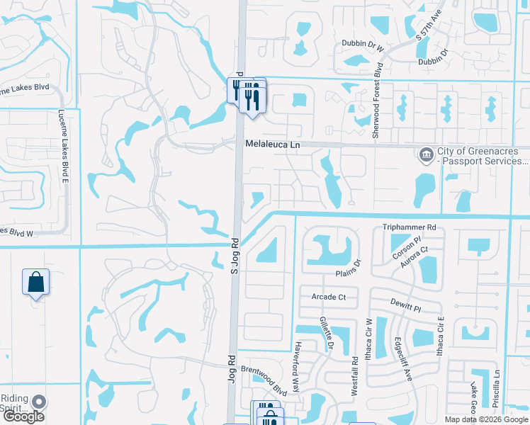 map of restaurants, bars, coffee shops, grocery stores, and more near 5079 Woodstone Circle East in Lake Worth