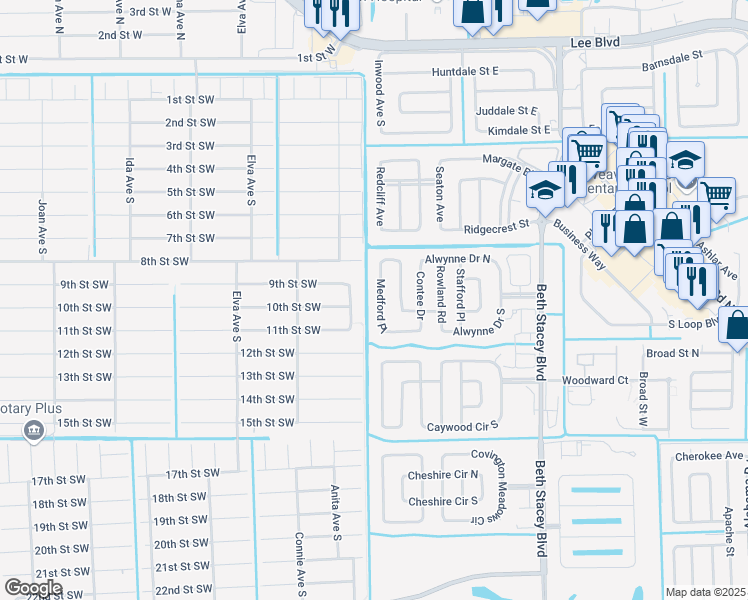 map of restaurants, bars, coffee shops, grocery stores, and more near 1525 Medford Place in Lehigh Acres