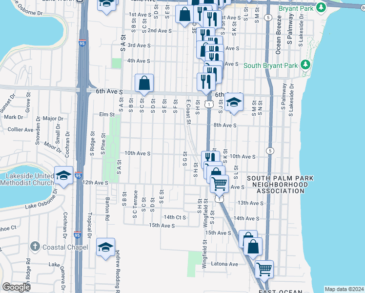 map of restaurants, bars, coffee shops, grocery stores, and more near 1000 10th Avenue South in Lake Worth