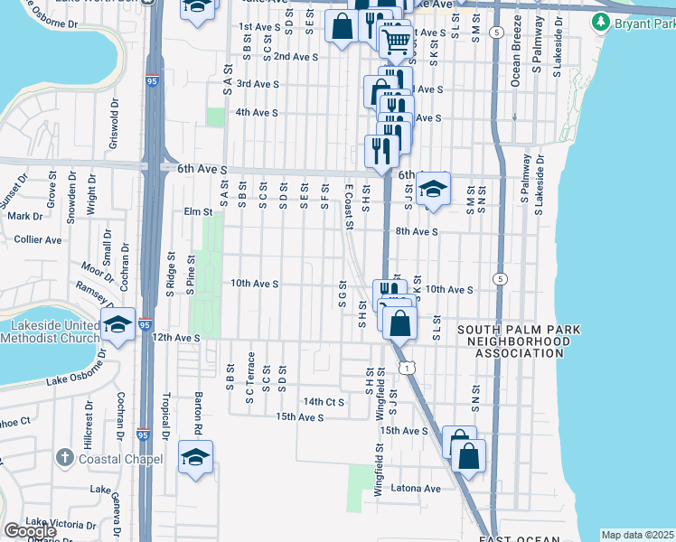 map of restaurants, bars, coffee shops, grocery stores, and more near 917 South G Street in Lake Worth