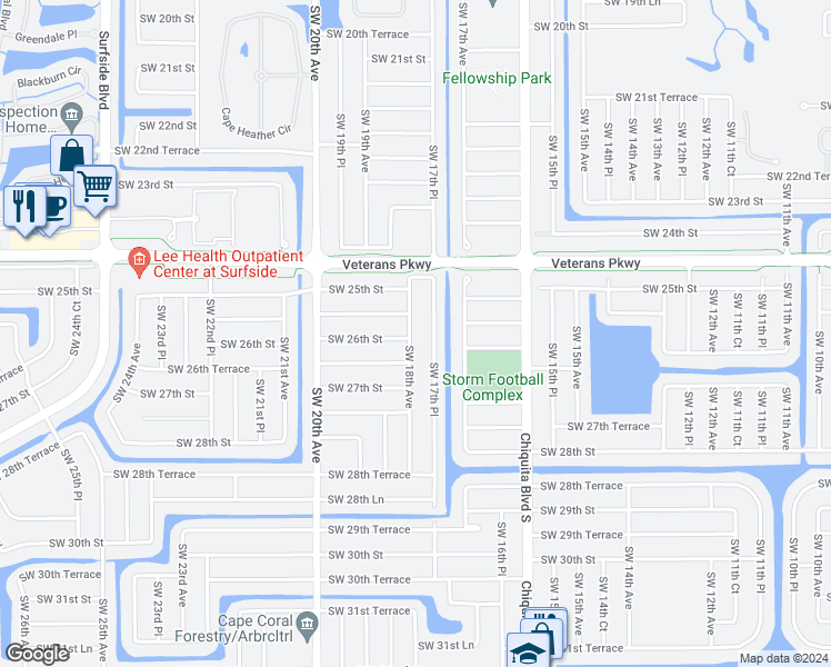 map of restaurants, bars, coffee shops, grocery stores, and more near 2527 Southwest 18th Avenue in Cape Coral