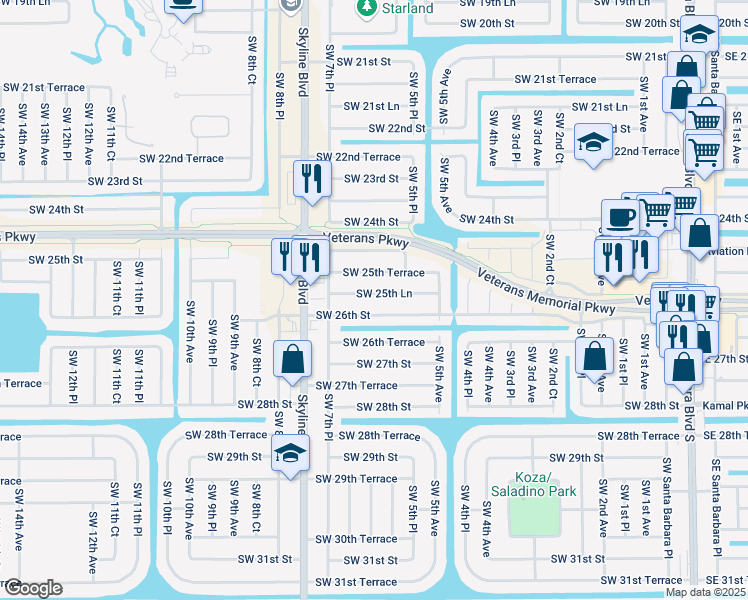 map of restaurants, bars, coffee shops, grocery stores, and more near 614 Southwest 25th Lane in Cape Coral