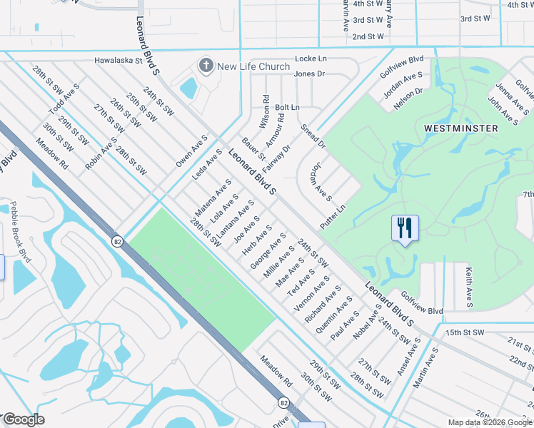 map of restaurants, bars, coffee shops, grocery stores, and more near 2406 Herb Avenue South in Lehigh Acres