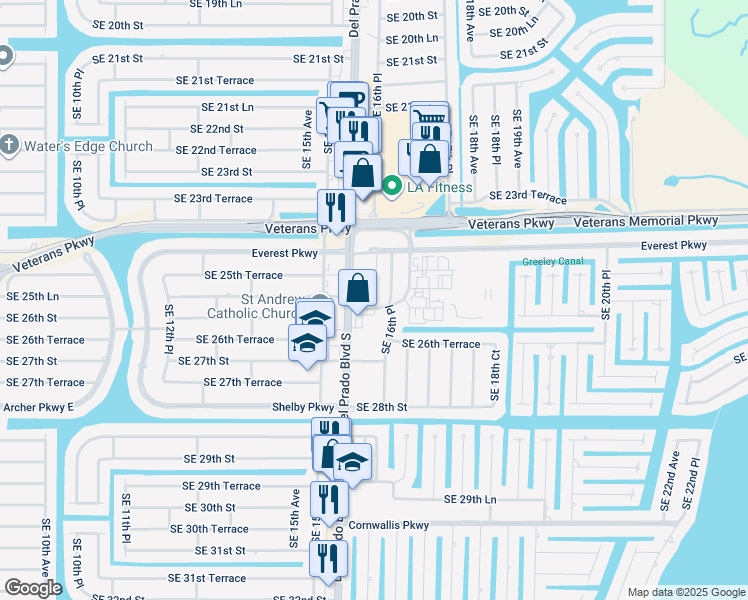 map of restaurants, bars, coffee shops, grocery stores, and more near 2607 Del Prado Boulevard South in Cape Coral