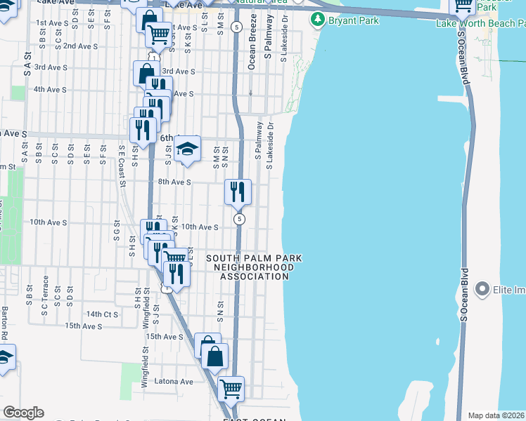 map of restaurants, bars, coffee shops, grocery stores, and more near 924 South Lakeside Drive in Lake Worth