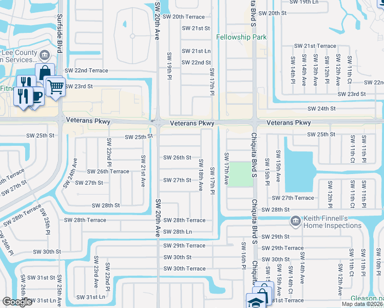 map of restaurants, bars, coffee shops, grocery stores, and more near 1810 Southwest 26th Street in Cape Coral