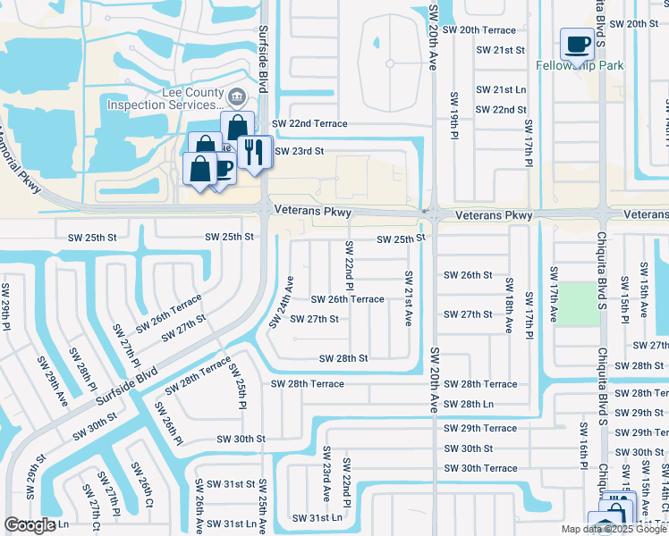 map of restaurants, bars, coffee shops, grocery stores, and more near 2519 Southwest 23rd Avenue in Cape Coral