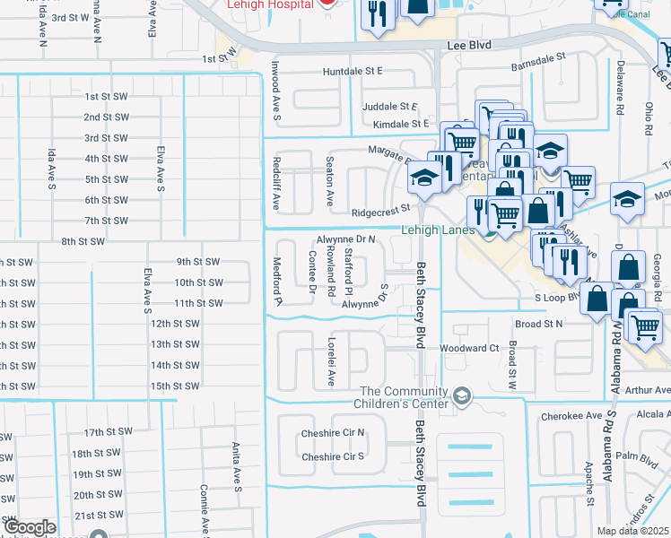 map of restaurants, bars, coffee shops, grocery stores, and more near 104 Stafford Place in Lehigh Acres