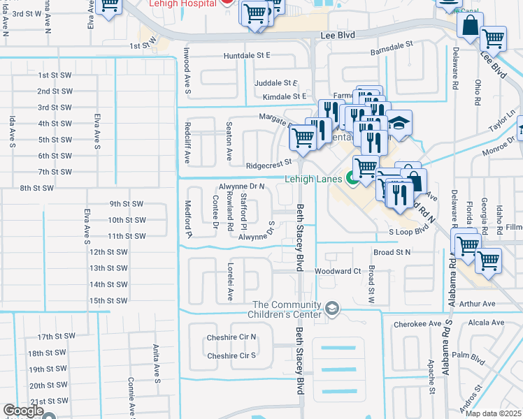map of restaurants, bars, coffee shops, grocery stores, and more near 1423 Alwynne Drive South in Lehigh Acres