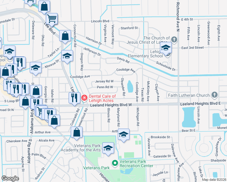 map of restaurants, bars, coffee shops, grocery stores, and more near 303 Bougainvillea Road West in Lehigh Acres