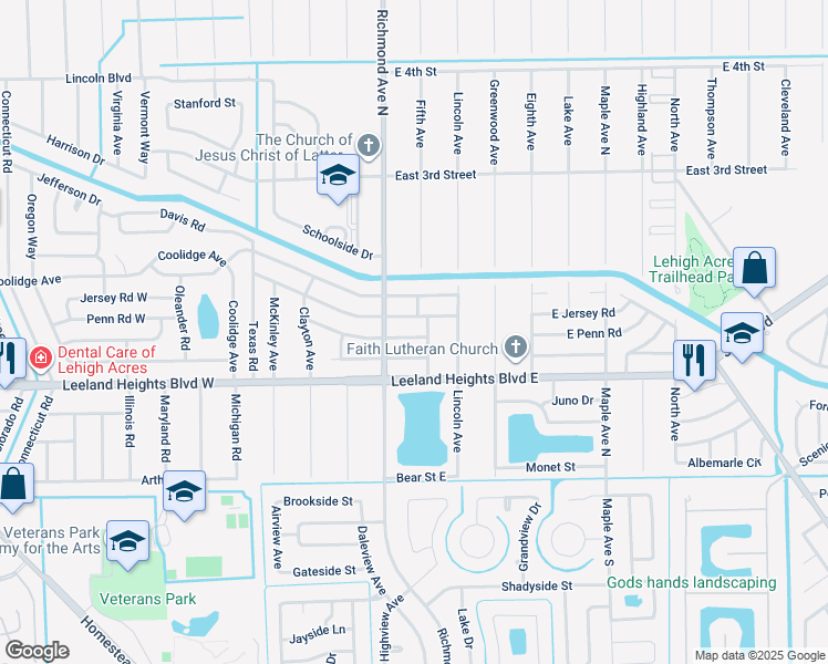 map of restaurants, bars, coffee shops, grocery stores, and more near 407 East Jersey Road in Lehigh Acres
