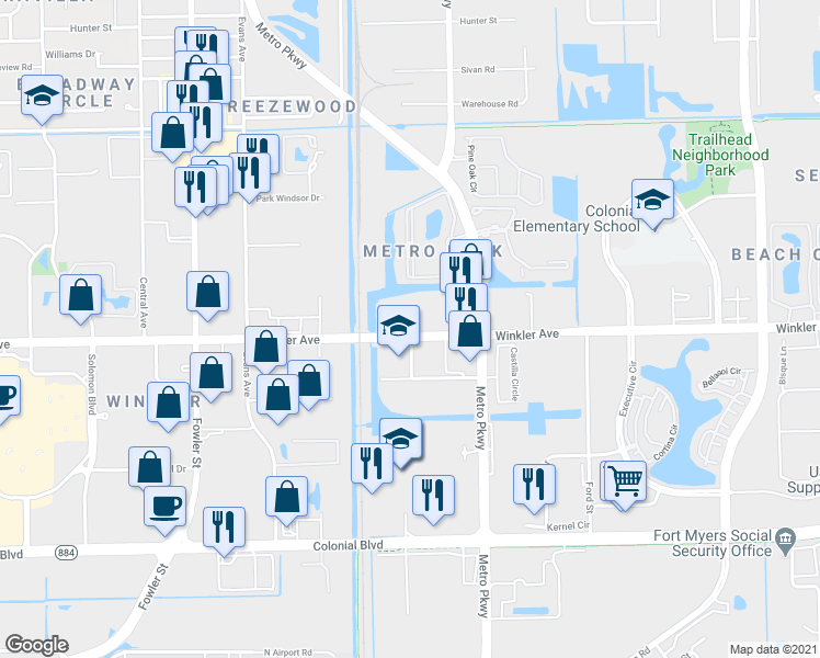 map of restaurants, bars, coffee shops, grocery stores, and more near 2825 Winkler Avenue in Fort Myers
