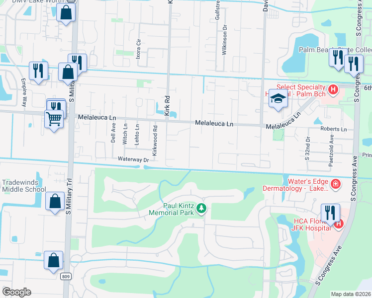 map of restaurants, bars, coffee shops, grocery stores, and more near 1125 Mathis Street in Lake Worth