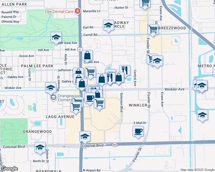 map of restaurants, bars, coffee shops, grocery stores, and more near 3900 Broadway in Fort Myers