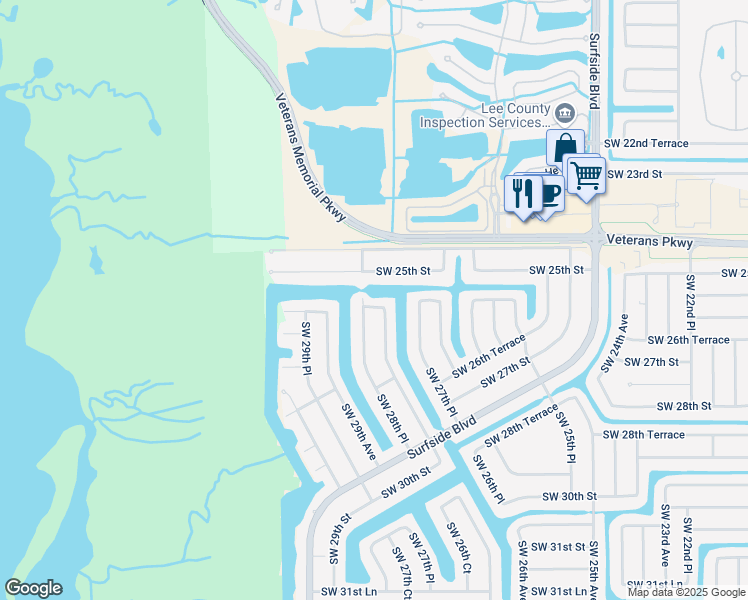 map of restaurants, bars, coffee shops, grocery stores, and more near 2807 Southwest 25th Terrace in Cape Coral