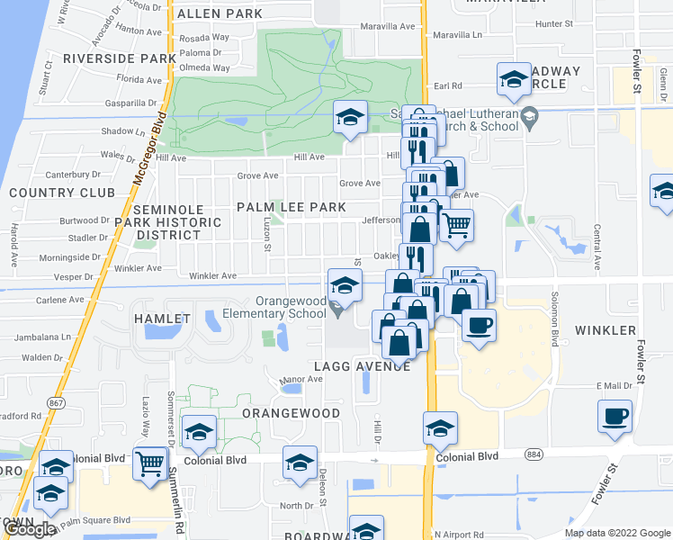 map of restaurants, bars, coffee shops, grocery stores, and more near 1759 Winkler Avenue in Fort Myers