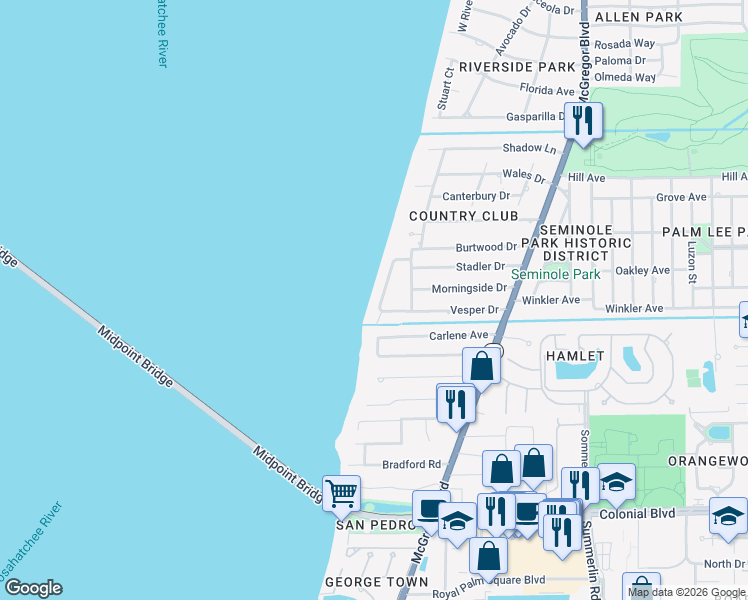 map of restaurants, bars, coffee shops, grocery stores, and more near 3921 West Riverside Drive in Fort Myers