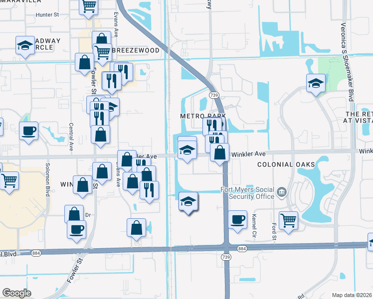 map of restaurants, bars, coffee shops, grocery stores, and more near 2825 Winkler Avenue in Fort Myers