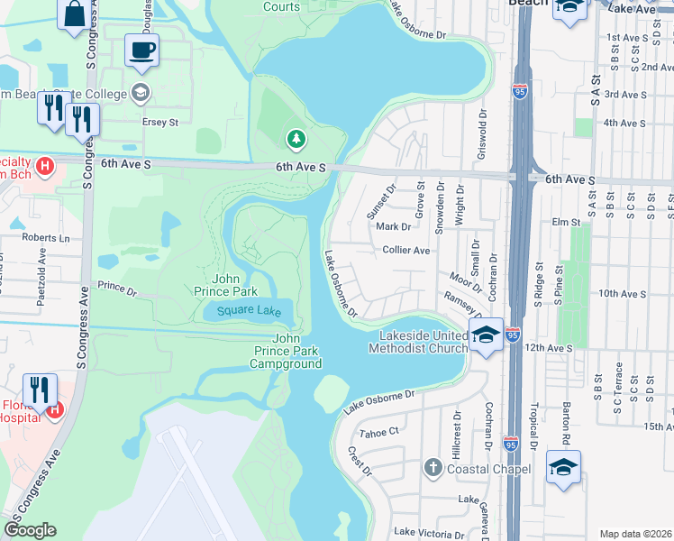 map of restaurants, bars, coffee shops, grocery stores, and more near 2802 Lake Osborne Drive in Lake Worth