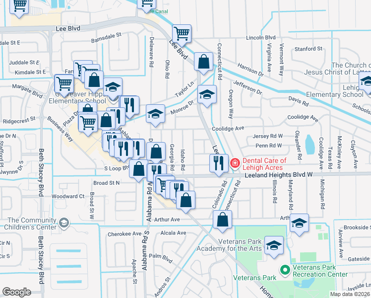 map of restaurants, bars, coffee shops, grocery stores, and more near 110 Idaho Road in Lehigh Acres