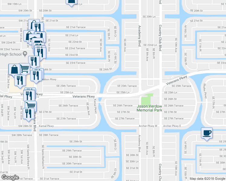 map of restaurants, bars, coffee shops, grocery stores, and more near 511 Southeast 25th Lane in Cape Coral