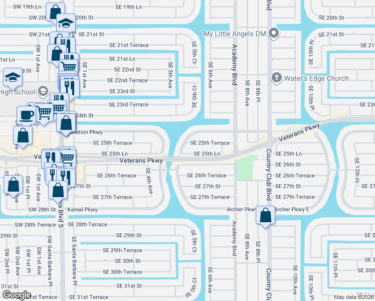 map of restaurants, bars, coffee shops, grocery stores, and more near 507 Southeast 25th Lane in Cape Coral