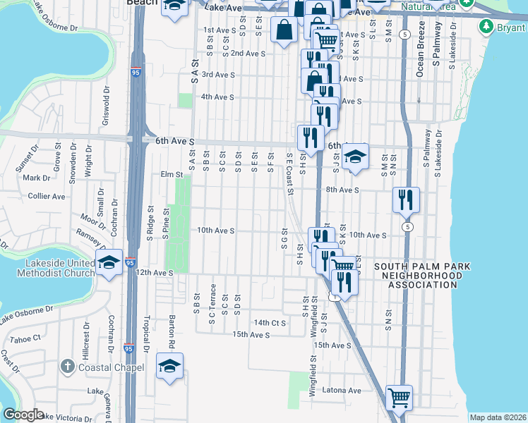 map of restaurants, bars, coffee shops, grocery stores, and more near 821 South F Street in Lake Worth