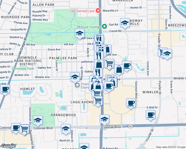 map of restaurants, bars, coffee shops, grocery stores, and more near 1925 Oakley Avenue in Fort Myers
