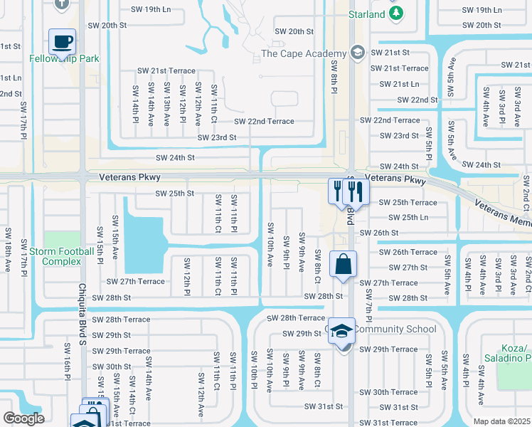 map of restaurants, bars, coffee shops, grocery stores, and more near 2522 Southwest 10th Avenue in Cape Coral