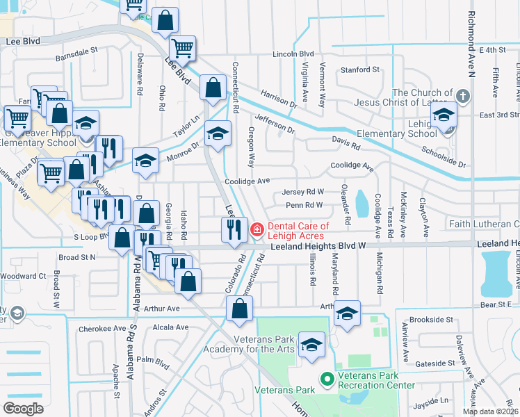 map of restaurants, bars, coffee shops, grocery stores, and more near 515 Jersey Road West in Lehigh Acres