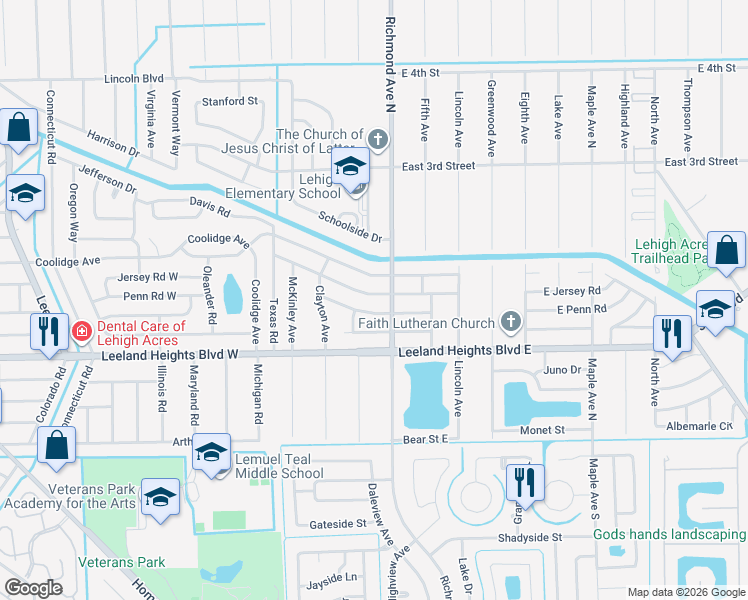 map of restaurants, bars, coffee shops, grocery stores, and more near 305 East Jersey Road in Lehigh Acres