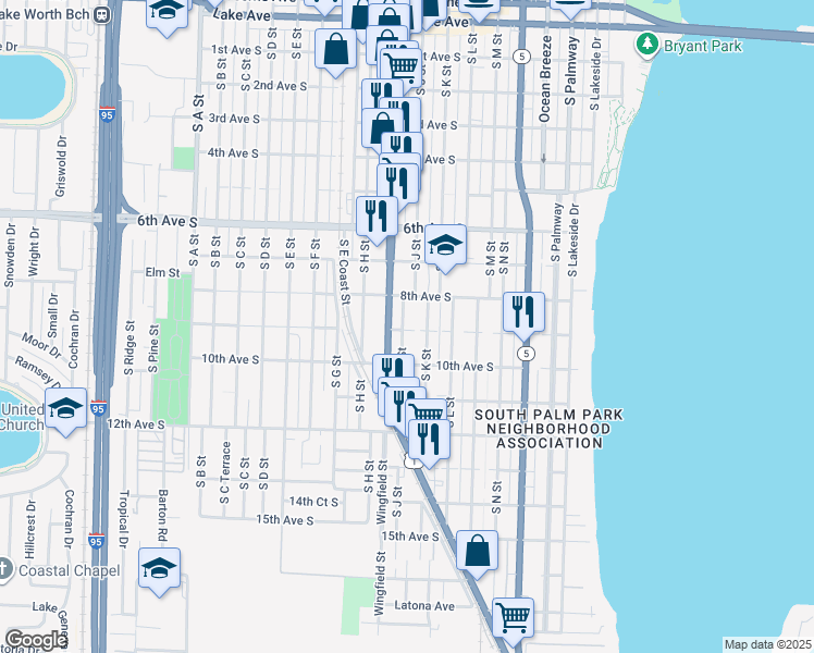 map of restaurants, bars, coffee shops, grocery stores, and more near 817 South K Street in Lake Worth