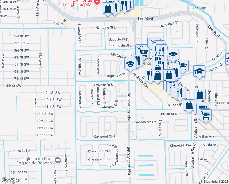 map of restaurants, bars, coffee shops, grocery stores, and more near 1431 Alwynne Drive North in Lehigh Acres