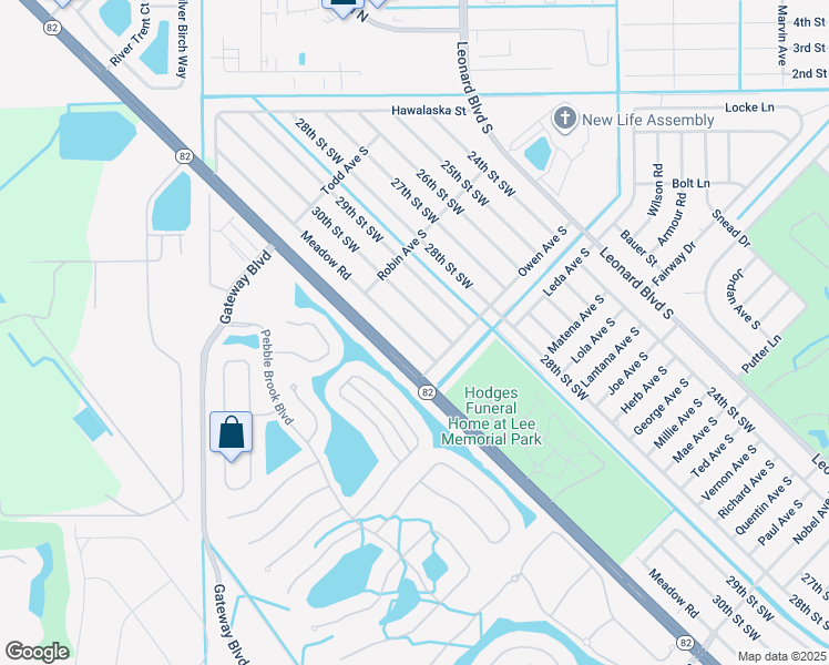 map of restaurants, bars, coffee shops, grocery stores, and more near 233 Meadow Road in Lehigh Acres