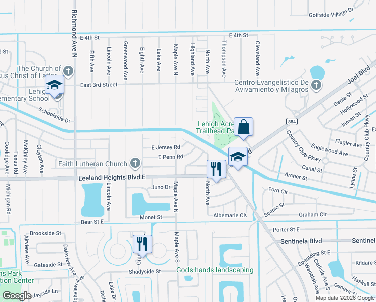 map of restaurants, bars, coffee shops, grocery stores, and more near 1104 East Jasmine Road in Lehigh Acres