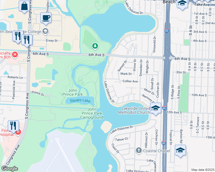 map of restaurants, bars, coffee shops, grocery stores, and more near 2802 Lake Osborne Drive in Lake Worth