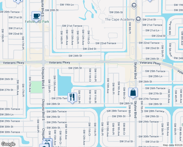 map of restaurants, bars, coffee shops, grocery stores, and more near 2512 Southwest 11th Court in Cape Coral