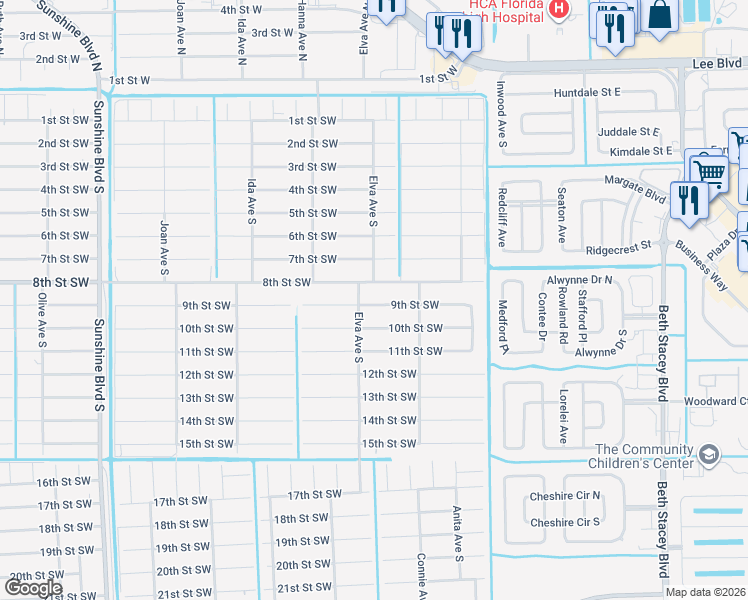 map of restaurants, bars, coffee shops, grocery stores, and more near 2614 9th Street Southwest in Lehigh Acres