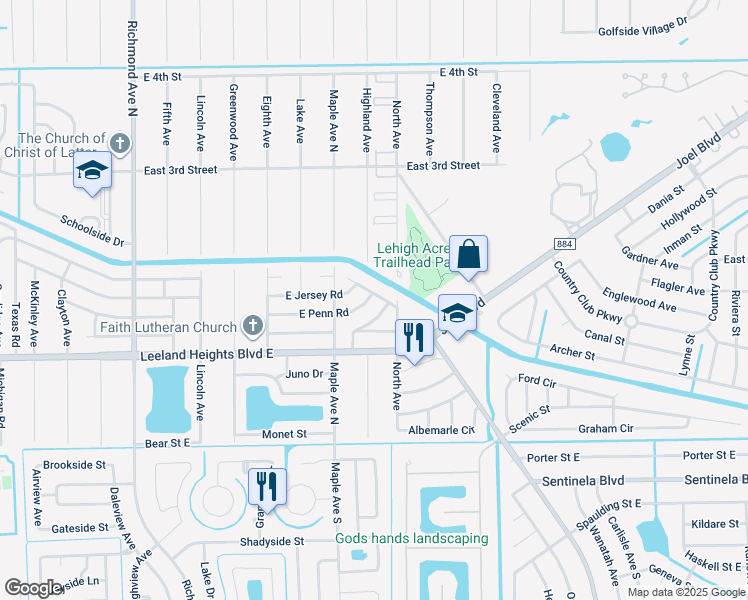map of restaurants, bars, coffee shops, grocery stores, and more near 1104 East Jasmine Road in Lehigh Acres