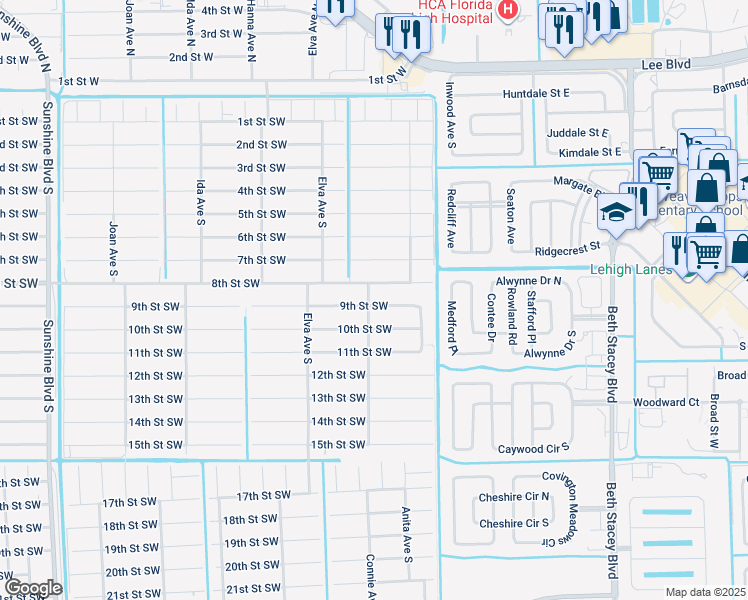 map of restaurants, bars, coffee shops, grocery stores, and more near 2520 9th Street Southwest in Lehigh Acres