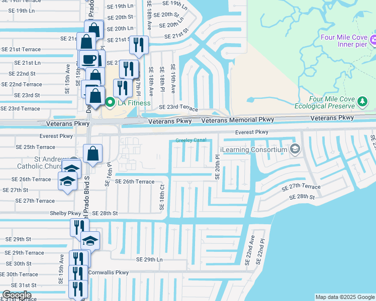 map of restaurants, bars, coffee shops, grocery stores, and more near 2518 Southeast 19th Place in Cape Coral