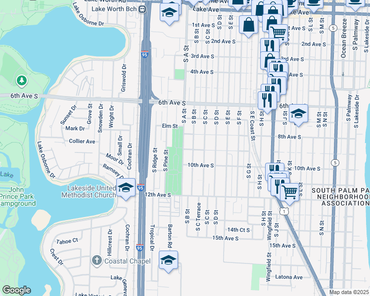 map of restaurants, bars, coffee shops, grocery stores, and more near 824 South A Street in Lake Worth
