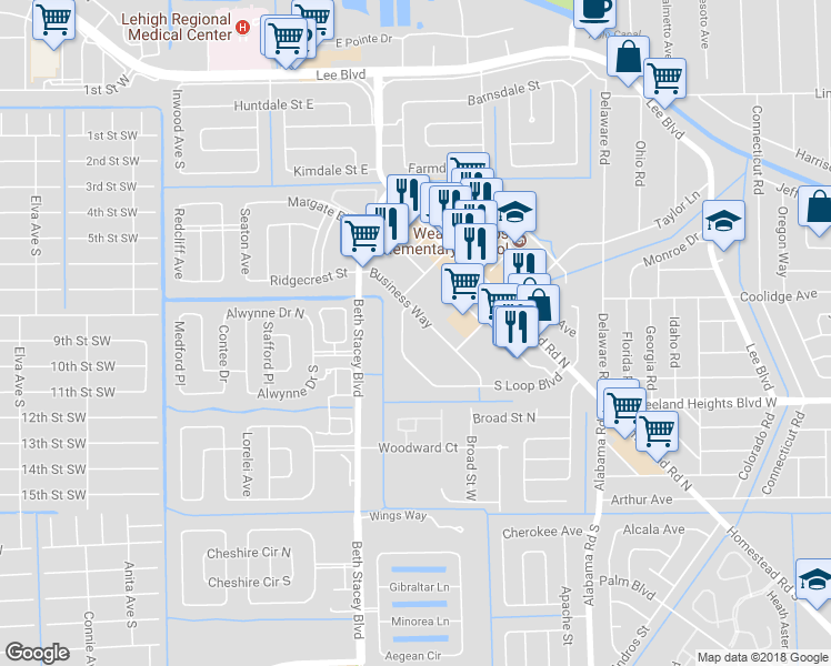 map of restaurants, bars, coffee shops, grocery stores, and more near 1251 Business Way in Lehigh Acres