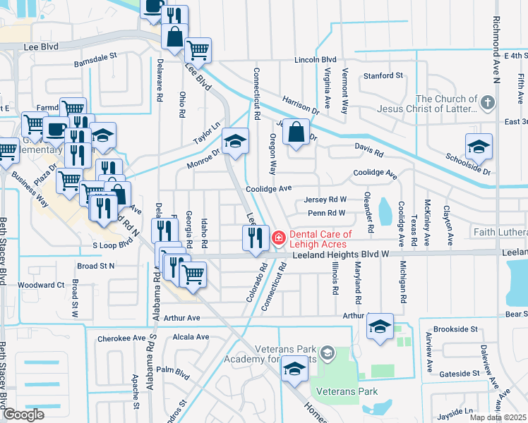 map of restaurants, bars, coffee shops, grocery stores, and more near 123 Connecticut Road in Lehigh Acres