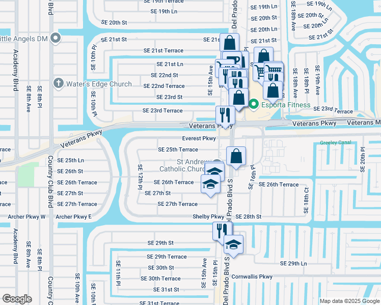 map of restaurants, bars, coffee shops, grocery stores, and more near 1408 Southeast 25th Terrace in Cape Coral