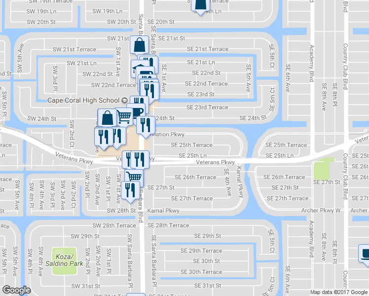 map of restaurants, bars, coffee shops, grocery stores, and more near 156 Southeast 25th Terrace in Cape Coral